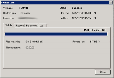 Restoring the same terminal server, but from a local VMDK stores on SAN storage